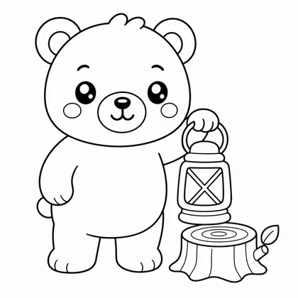 Bear with a lantern and log coloring page