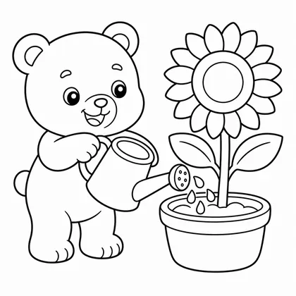 Dibujo de oso regando girasol para colorear