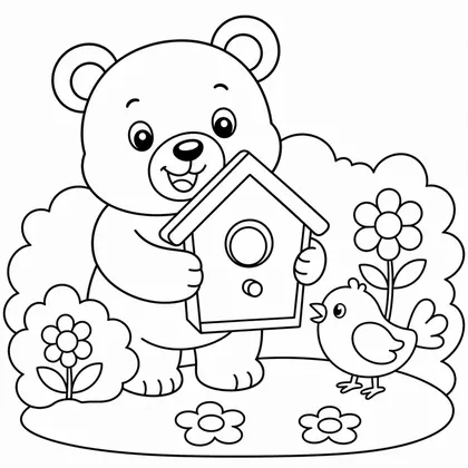 Dibujo de oso con casita de pájaro para colorear