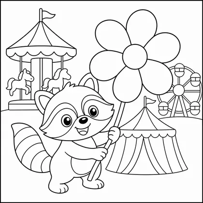 Dibujo de mapache con flor de fiesta para colorear
