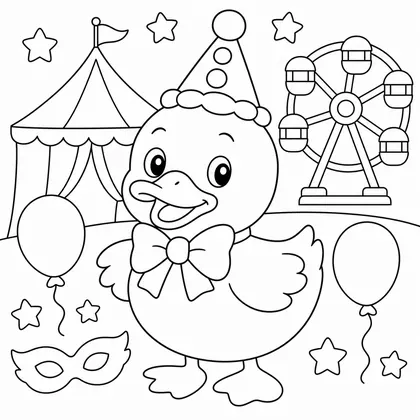 Dibujo de pato con disfraz de payaso para colorear