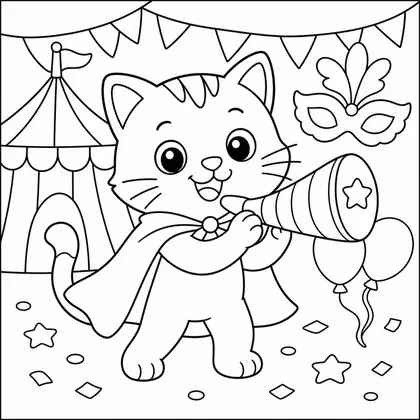 Dibujo de gatito con capa de carnaval para colorear