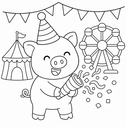 Dibujo de cerdito con gorro de fiesta para colorear