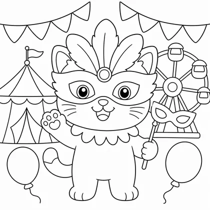 Dibujo de gato con mascara de plumas para colorear