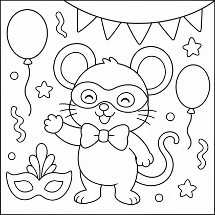 Dibujo de ratón con antifaz y lazo para colorear