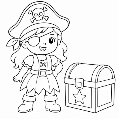 Dibujo de niña pirata con cofre para colorear