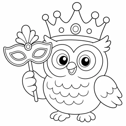 Dibujo de buho con corona y mascara para colorear