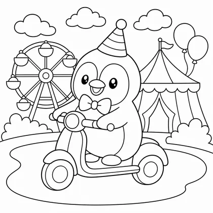 Dibujo de pingüino en patinete de fiesta para colorear