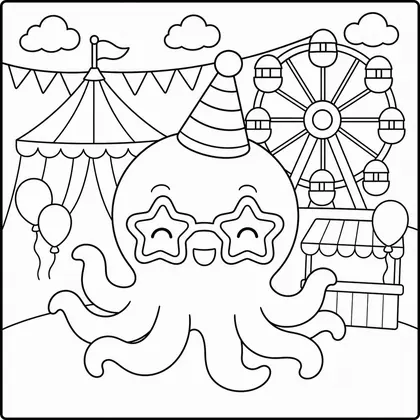 Dibujo de pulpo con gafas de fiesta para colorear