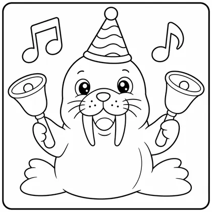 Dibujo de morsa con campanas musicales para colorear