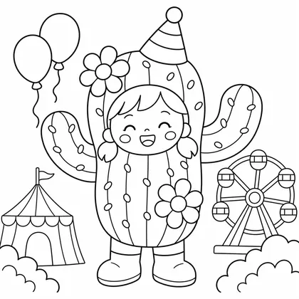 Dibujo de niña con disfraz de cactus para colorear
