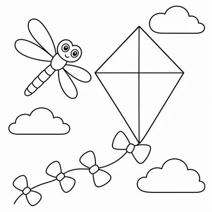 Dibujo de libelula con cometa de fiesta para colorear