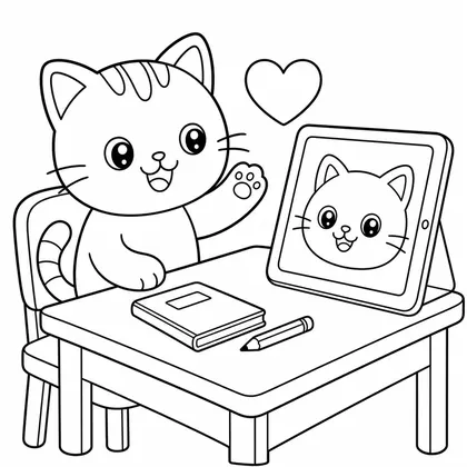 Dibujo de gato haciendo videollamada para colorear