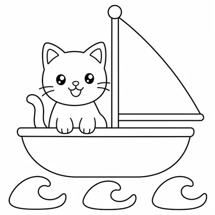 Dibujo de gato en barco de vela para colorear