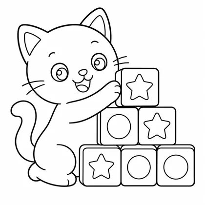 Dibujo de gato construyendo bloques para colorear