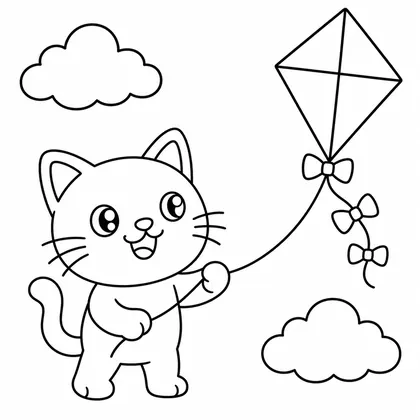 Dibujo de gato con cometa para colorear