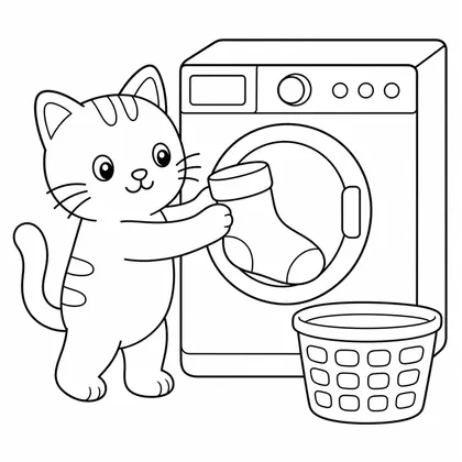 Dibujo de gato lavando ropa para colorear