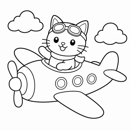 Dibujo de gato pilotando avión para colorear