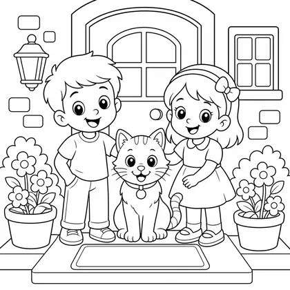 Cat with family coloring page