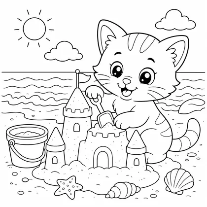 Cat with sandcastle coloring page