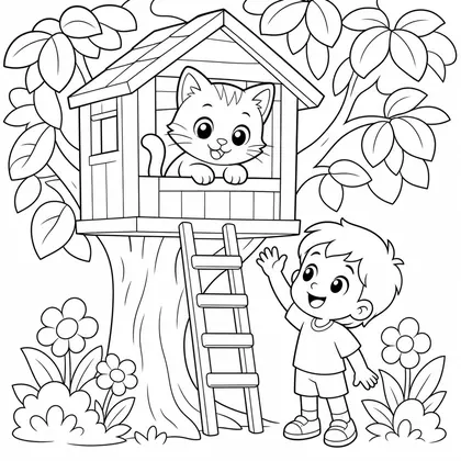 Cat in a treehouse coloring page