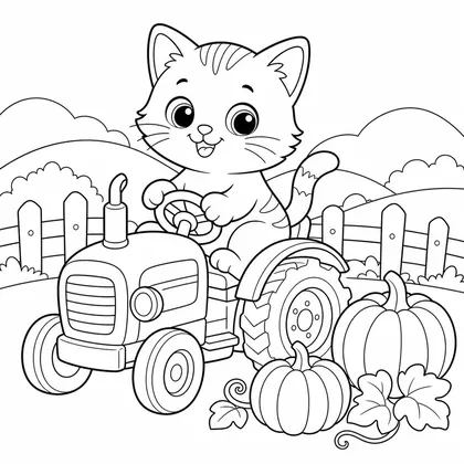 Cat on a tractor coloring page
