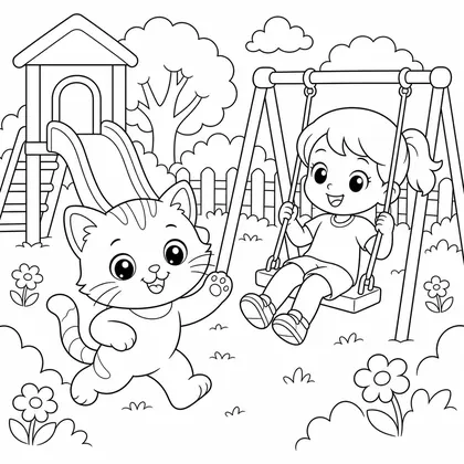 Cat at the playground coloring page