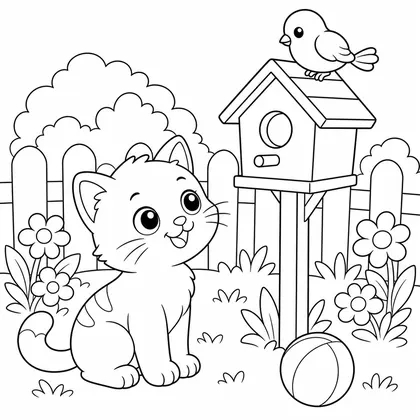 Cat with birdhouse coloring page