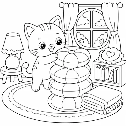 Cat with pancakes coloring page
