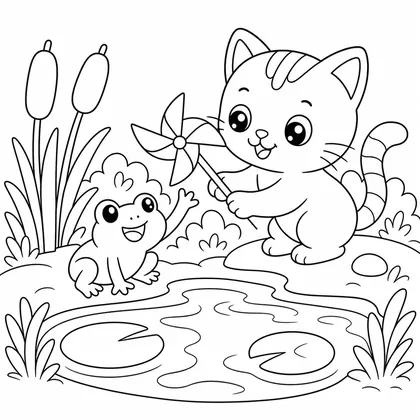 Cat with little boat in a puddle coloring page