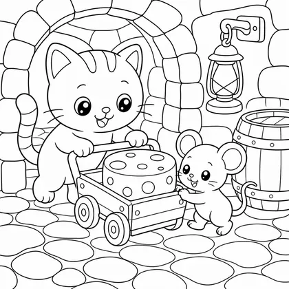 Cat with berry cart coloring page