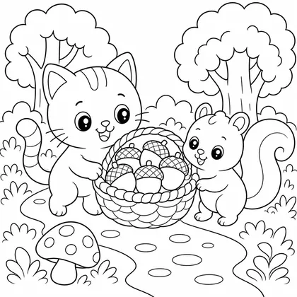 Cat with leaf umbrella coloring page