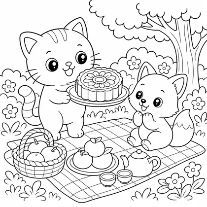 Cat with moon cake coloring page