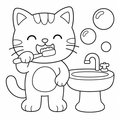 Dibujo de gato lavándose los dientes para colorear