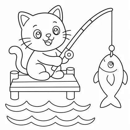 Dibujo de gato pescando en el muelle para colorear