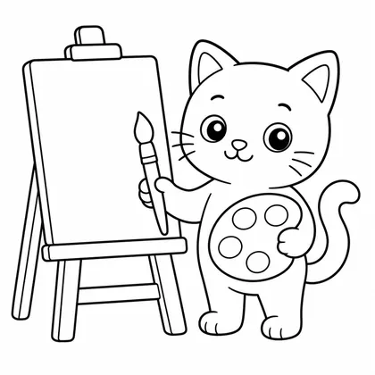 Dibujo de gato pintando en caballete para colorear