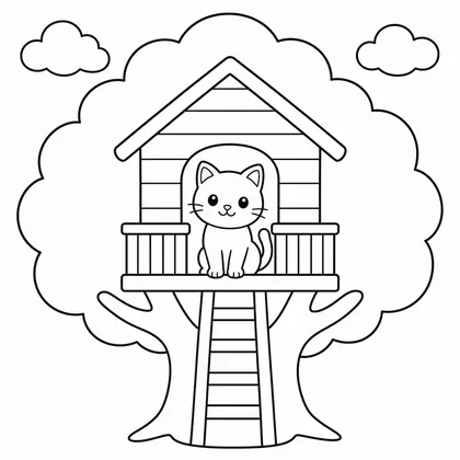 Dibujo de gato en casa del árbol para colorear