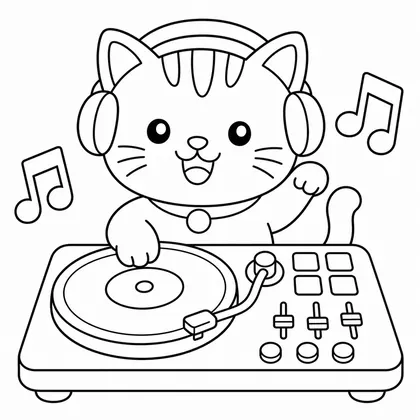 Dibujo de gato dj con tocadiscos para colorear