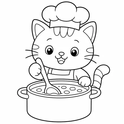 Dibujo de gato cocinando sopa para colorear