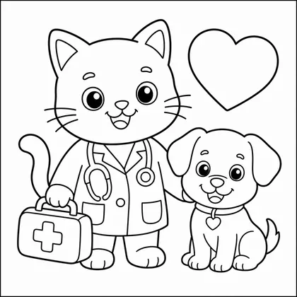 Dibujo de gato veterinario con cachorro para colorear