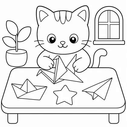 Dibujo de gato haciendo origami para colorear