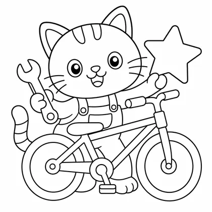 Dibujo de gato arreglando bicicleta para colorear