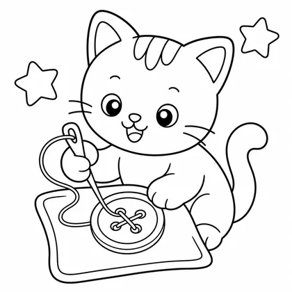 Dibujo de gato cosiendo un botón para colorear