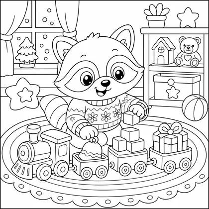 Dibujo de mapache con tren de navidad para colorear
