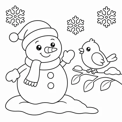 Dibujo de muñeco de nieve con pájaro para colorear