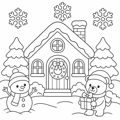 Dibujo de casa nevada con chimenea para colorear