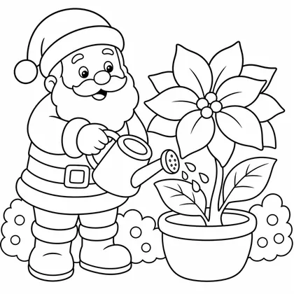 Dibujo de papá noel regando flor para colorear