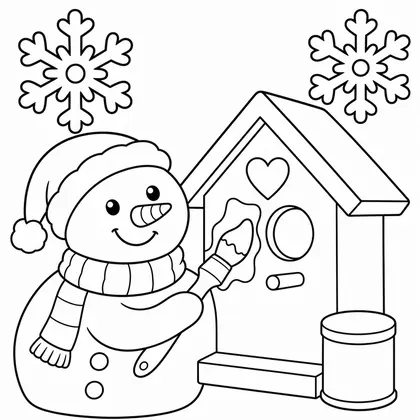 Dibujo de muñeco de nieve pintando casita para colorear