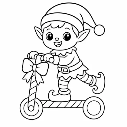 Dibujo de elfo en patinete de bastón de caramelo para colorear