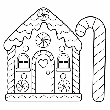 Dibujo de casita de pan de jengibre y bastón para colorear
